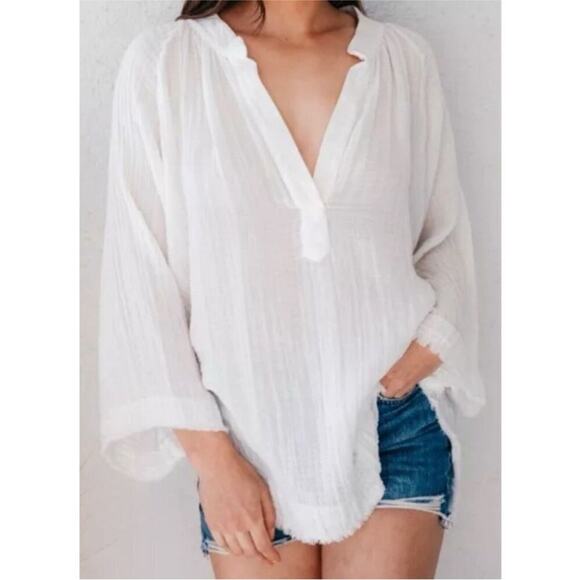 9Seed Marrakech Dashiki White Crinkle Gauze Frayed Tunic Top S - Picture 4 of 13